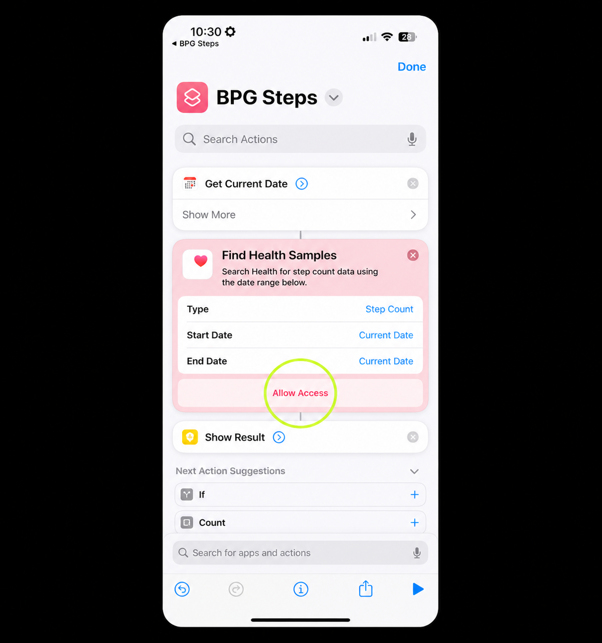 BPG Steps editor with Allow Access highlighted on the Find Health Samples action