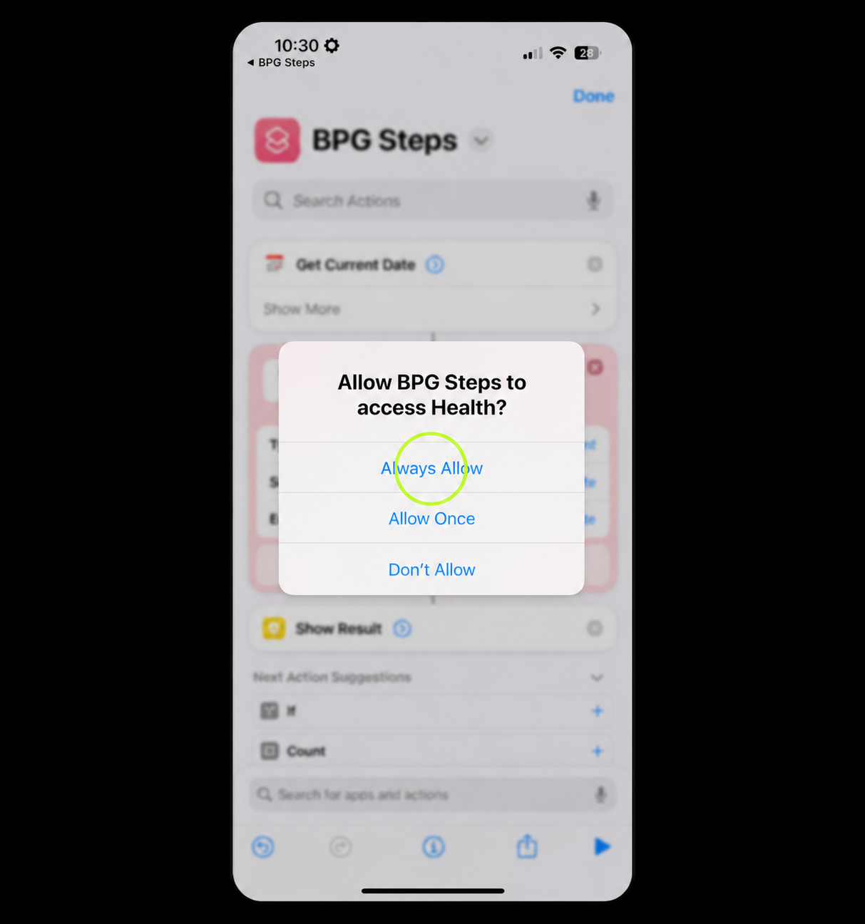 Apple Shortcuts privacy prompt with Always Allow highlighted