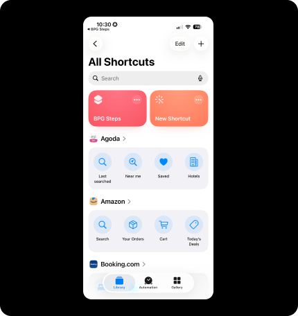 BPG Steps tile in the Shortcuts library with its three-dot menu visible